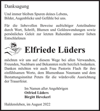Traueranzeige von Elfriede Lüders  von Magdeburger Volksstimme