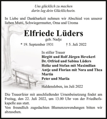 Traueranzeige von Elfriede Lüders (geb. Nadje)  von Magdeburger Volksstimme