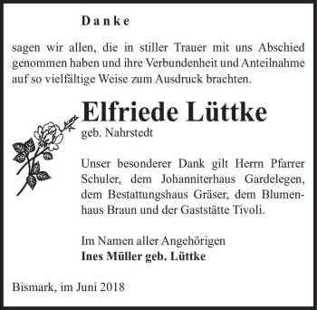 Traueranzeige von Elfriede Lüttke (geb. Nahrstedt)  von Magdeburger Volksstimme