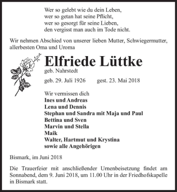 Traueranzeige von Elfriede Lüttke (geb. Nahrstedt)  von Magdeburger Volksstimme