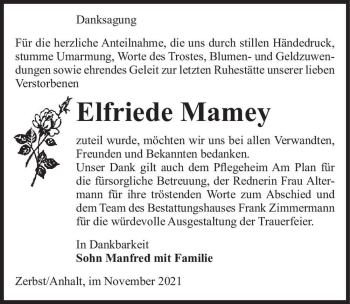 Traueranzeige von Elfriede Mamey  von Magdeburger Volksstimme