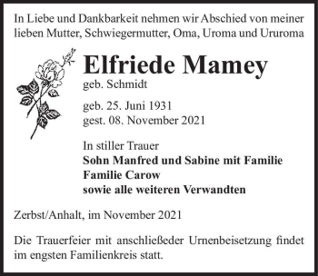 Traueranzeige von Elfriede Mamey (geb. Schmidt)  von Magdeburger Volksstimme