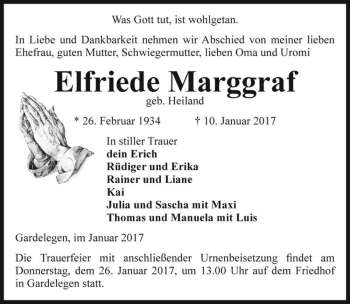 Traueranzeige von Elfriede Marggraf (geb. Heiland)  von Magdeburger Volksstimme