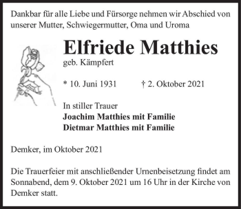 Traueranzeige von Elfriede Matthies (geb. Kämpfert)  von Magdeburger Volksstimme