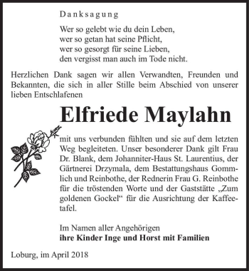 Traueranzeige von Elfriede Maylahn  von Magdeburger Volksstimme