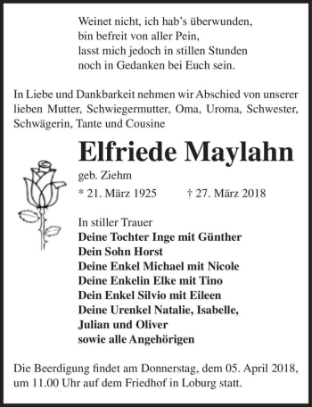 Traueranzeige von Elfriede Maylahn (geb. Ziehm)  von Magdeburger Volksstimme