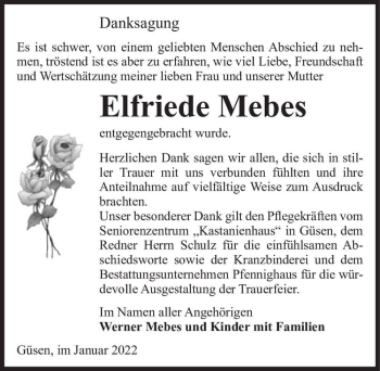 Traueranzeige von Elfriede Mebes  von Magdeburger Volksstimme