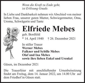 Traueranzeige von Elfriede Mebes (geb. Bordfeld)  von Magdeburger Volksstimme