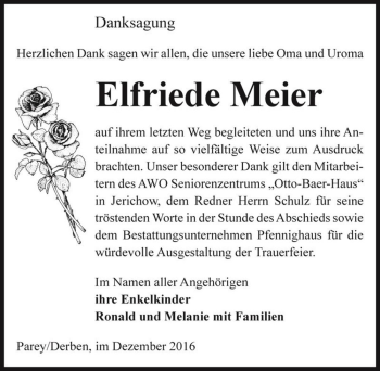 Traueranzeige von Elfriede Meier  von Magdeburger Volksstimme