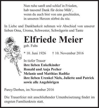 Traueranzeige von Elfriede Meier (geb. Fuhs)  von Magdeburger Volksstimme