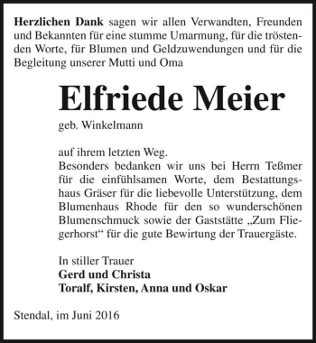 Traueranzeige von Elfriede Meier (geb. Winkelmann)  von Magdeburger Volksstimme