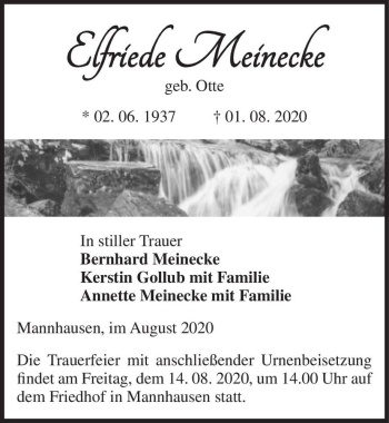 Traueranzeige von Elfriede Meinecke (geb. Otte)  von Magdeburger Volksstimme