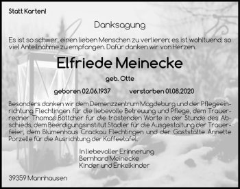 Traueranzeige von Elfriede Meinecke (geb. Otte)  von Magdeburger Volksstimme