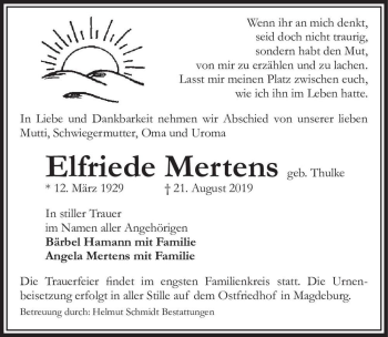 Traueranzeige von Elfriede Mertens (geb. Thulke)  von Magdeburger Volksstimme