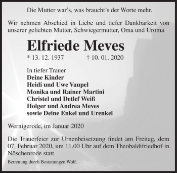 Traueranzeige von Elfriede Meves  von Magdeburger Volksstimme