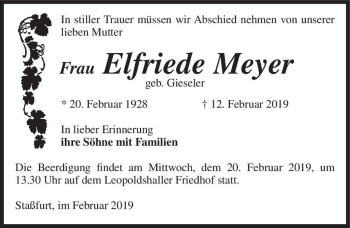 Traueranzeige von Elfriede Meyer (geb. Gieseler)  von Magdeburger Volksstimme