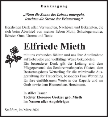 Traueranzeige von Elfriede Mieth  von Magdeburger Volksstimme