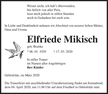 Traueranzeige von Elfriede Mikisch (geb. Brattka)  von Magdeburger Volksstimme