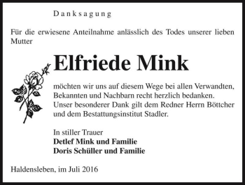 Traueranzeige von Elfriede Mink  von Magdeburger Volksstimme