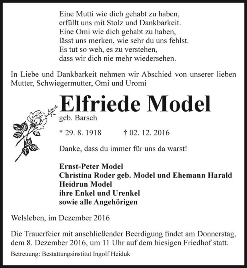  Traueranzeige für Elfriede Model (geb. Barsch)  vom 07.12.2016 aus Magdeburger Volksstimme