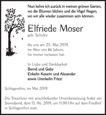 Traueranzeige von Elfriede Moser (geb. Schulze)  von Magdeburger Volksstimme