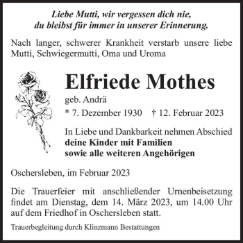 Traueranzeige von Elfriede Mothes (geb. Andrä)  von Magdeburger Volksstimme