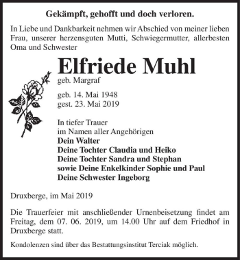 Traueranzeige von Elfriede Muhl (geb. Margraf)  von Magdeburger Volksstimme
