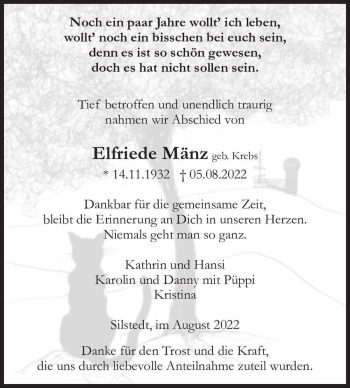 Traueranzeige von Elfriede Mänz (geb. Krebs)  von Magdeburger Volksstimme