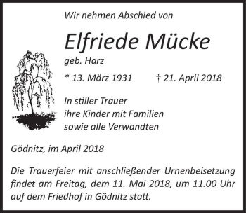Traueranzeige von Elfriede Mücke (geb. Harz)  von Magdeburger Volksstimme