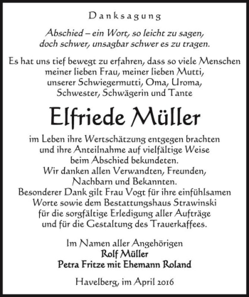 Traueranzeige von Elfriede Müller  von Magdeburger Volksstimme