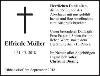 Traueranzeige von Elfriede Müller  von Magdeburger Volksstimme