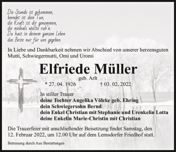 Traueranzeige von Elfriede Müller (geb. Arlt)  von Magdeburger Volksstimme