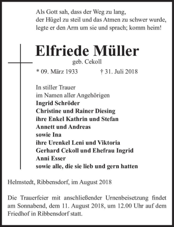 Traueranzeige von Elfriede Müller (geb. Cekoll)  von Magdeburger Volksstimme