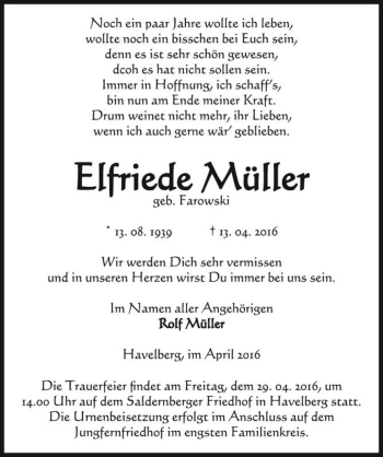 Traueranzeige von Elfriede Müller (geb. Farowski)  von Magdeburger Volksstimme