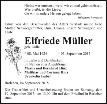 Traueranzeige von Elfriede Müller (geb. Galle)  von Magdeburger Volksstimme