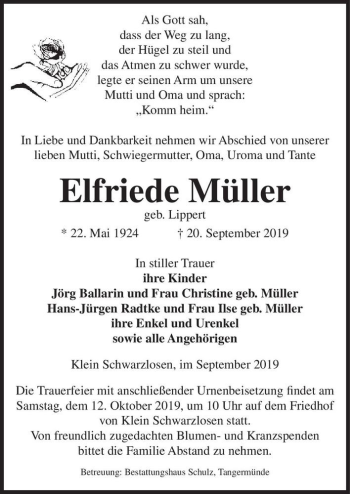 Traueranzeige von Elfriede Müller (geb. Lippert)  von Magdeburger Volksstimme