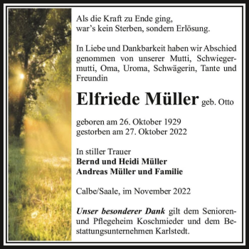 Traueranzeige von Elfriede Müller (geb. Otto)  von Magdeburger Volksstimme