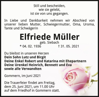 Traueranzeige von Elfriede Müller (geb. Siebach)  von Magdeburger Volksstimme