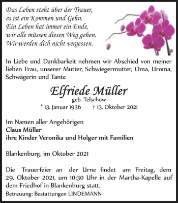 Traueranzeige von Elfriede Müller (geb. Telschow)  von Magdeburger Volksstimme