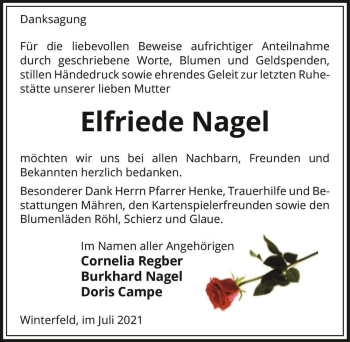 Traueranzeige von Elfriede Nagel  von Magdeburger Volksstimme