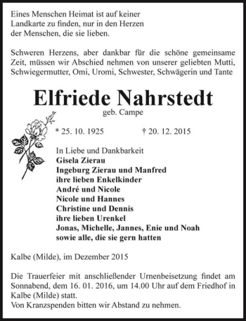Traueranzeige von Elfriede Nahrstedt (geb. Campe)  von Magdeburger Volksstimme