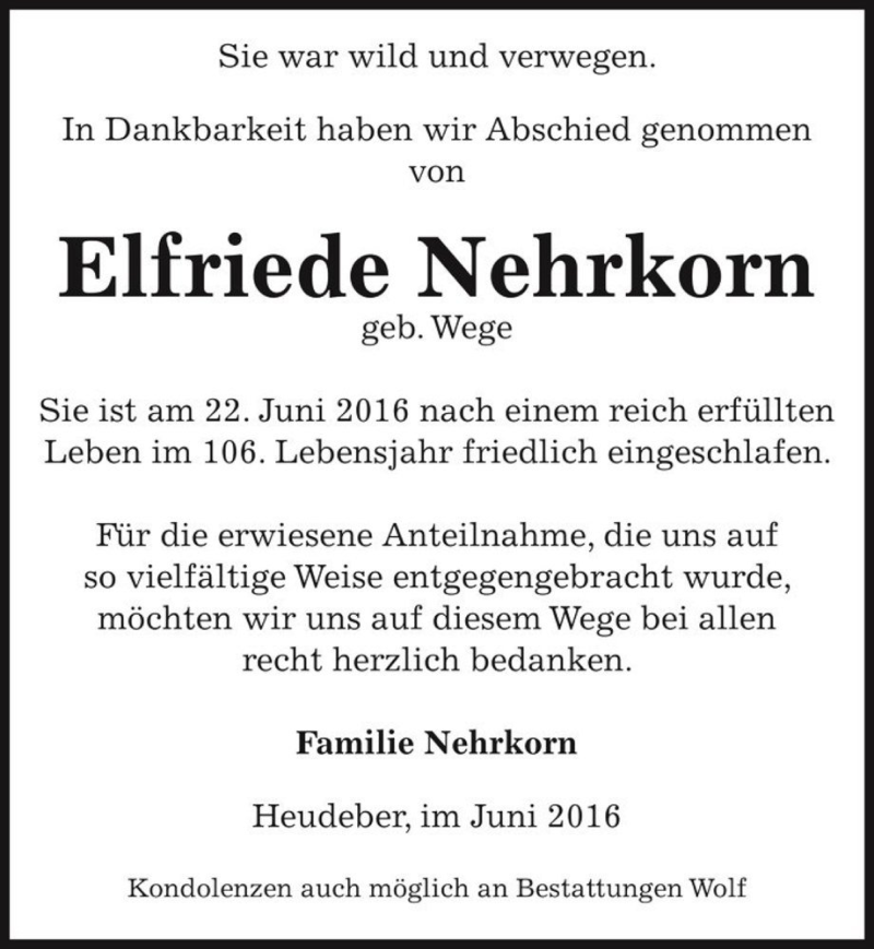  Traueranzeige für Elfriede Nehrkorn (geb. Wege)  vom 12.07.2016 aus Magdeburger Volksstimme