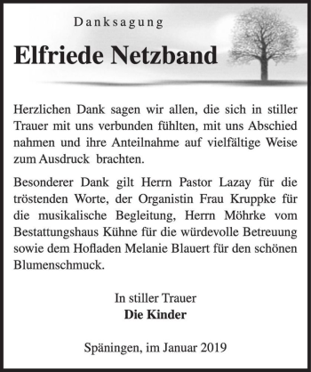 Traueranzeige von Elfriede Netzband  von Magdeburger Volksstimme