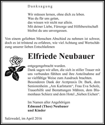 Traueranzeige von Elfriede Neubauer  von Magdeburger Volksstimme