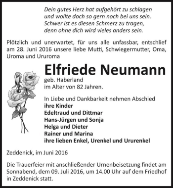 Traueranzeige von Elfriede Neumann (geb. Haberland)  von Magdeburger Volksstimme