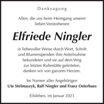 Traueranzeige von Elfriede Ningler  von Magdeburger Volksstimme