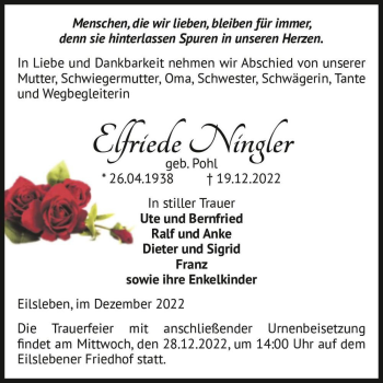 Traueranzeige von Elfriede Ningler (geb. Pohl)  von Magdeburger Volksstimme