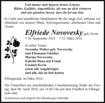 Traueranzeige von Elfriede Novovesky (geb. Gross)  von Magdeburger Volksstimme