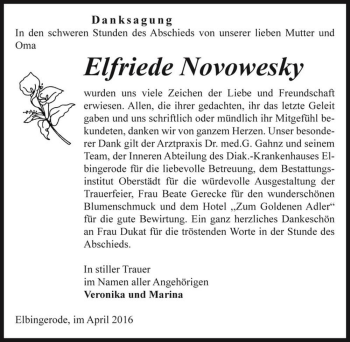 Traueranzeige von Elfriede Novowesky  von Magdeburger Volksstimme