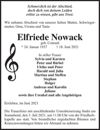 Traueranzeige von Elfriede Nowack (geb. Conradi)  von Magdeburger Volksstimme